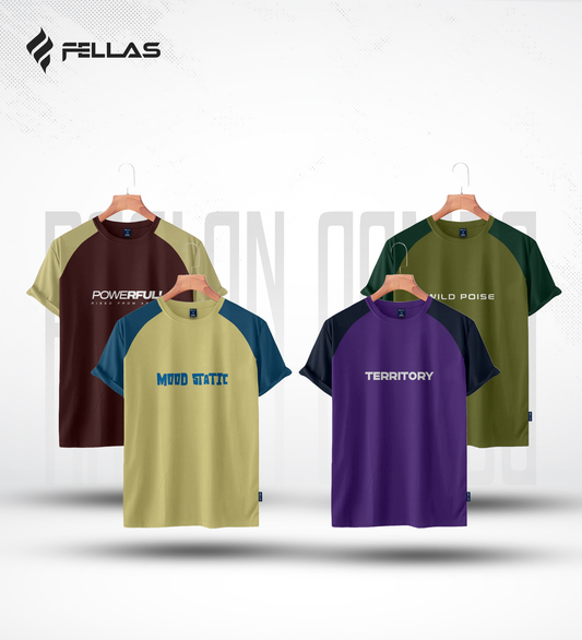 Fellas Men's Premium Half Sleeve Raglan (4 Combo) - Powerful, Mood Static, Territory, Wild Poise
