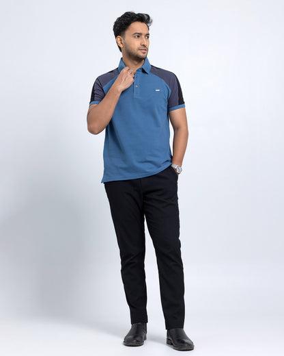 Men’s Double PK Cut & Sew Cotton Polo - Petrol Blue