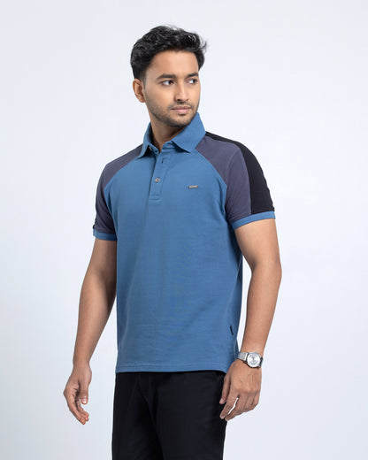 Men’s Double PK Cut & Sew Cotton Polo - Petrol Blue