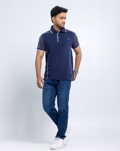 Men’s Double PK Cut & Sew Cotton Polo - Midnight Navy