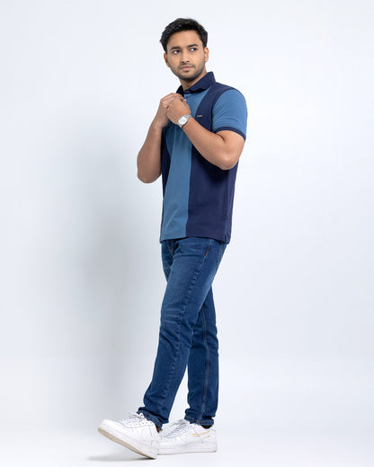Men’s Double PK Cut & Sew Cotton Polo - Ocean Stripe