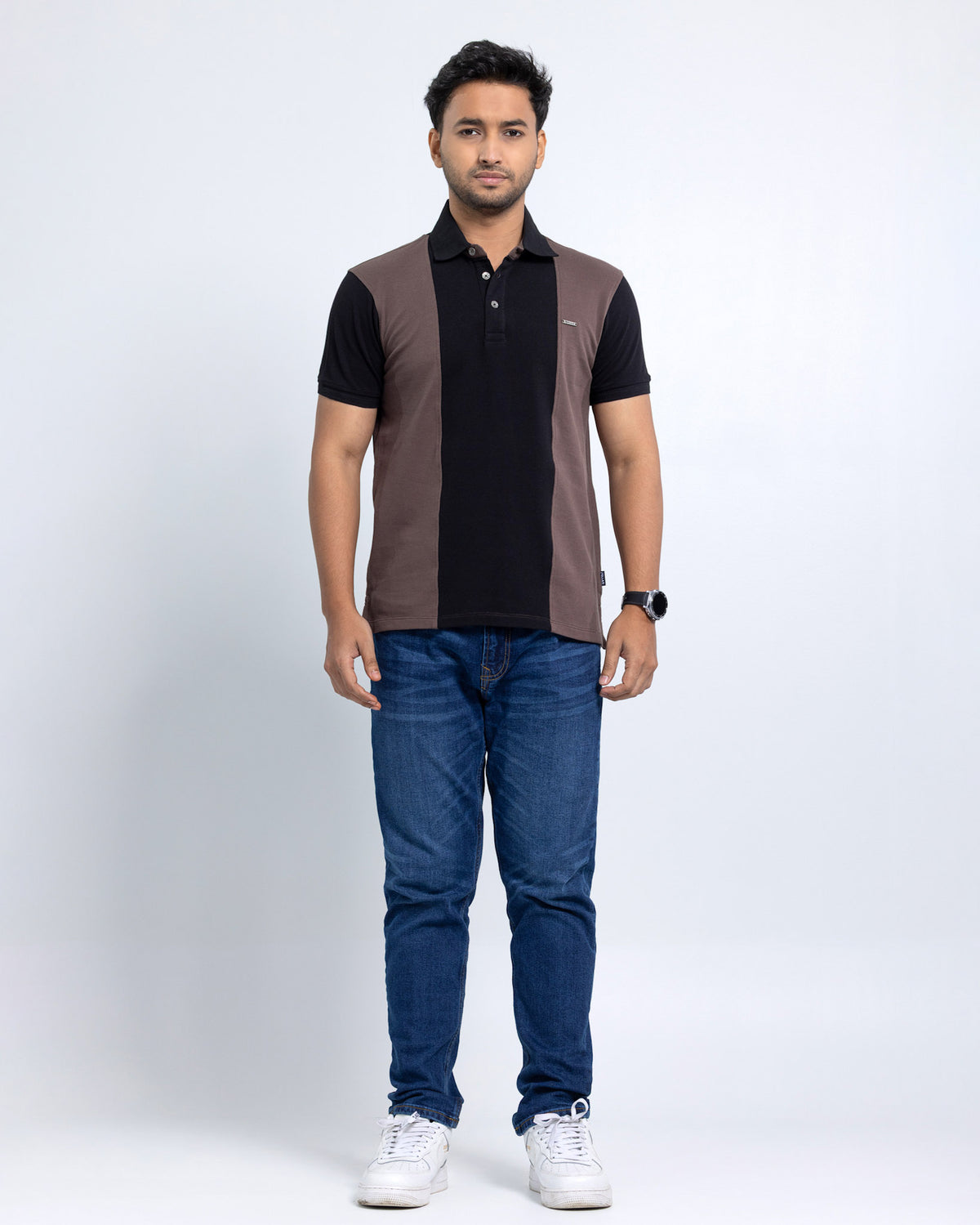 Men’s Double PK Cut & Sew Cotton Polo - Brown Stripe