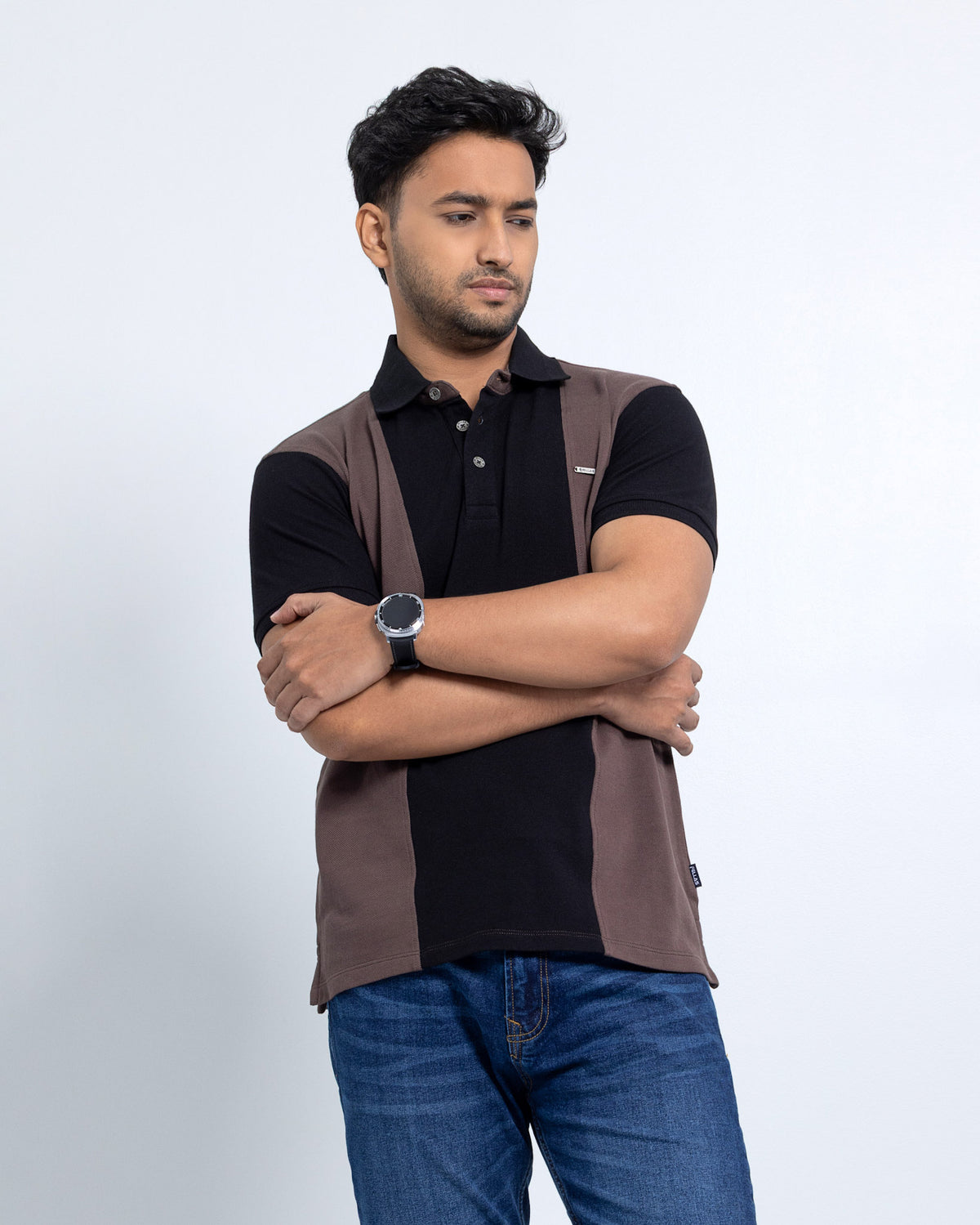 Men’s Double PK Cut & Sew Cotton Polo - Brown Stripe