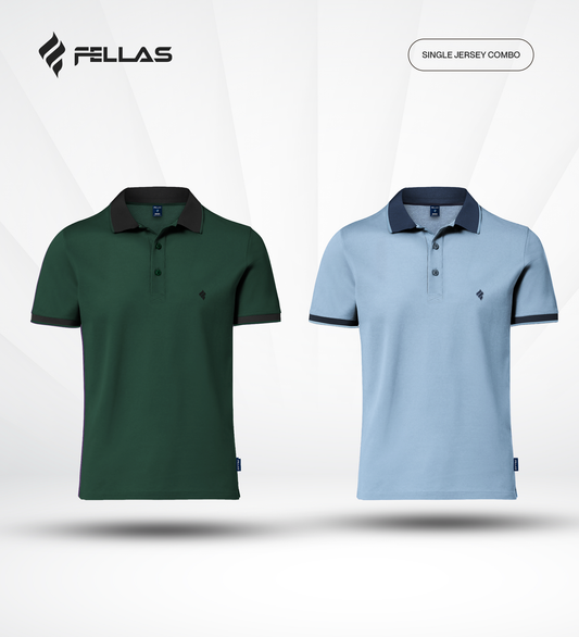 Men's Single Jersey Cotton Polo (2 combo)- June Bug green, Powder Blue
