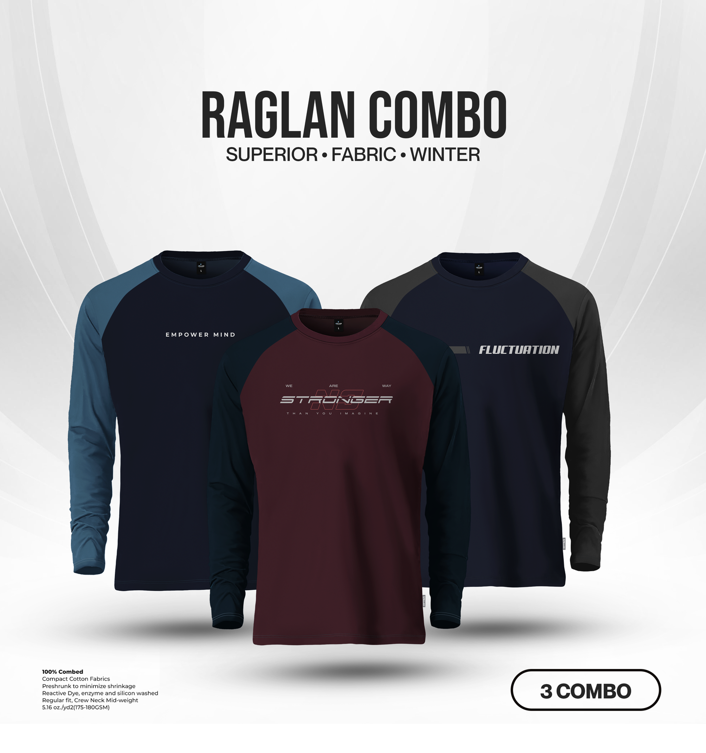 Men's Full Sleeve Raglan T-Shirt Combo (3 Pcs) - Empower Mind, Stronger, Fluctuation