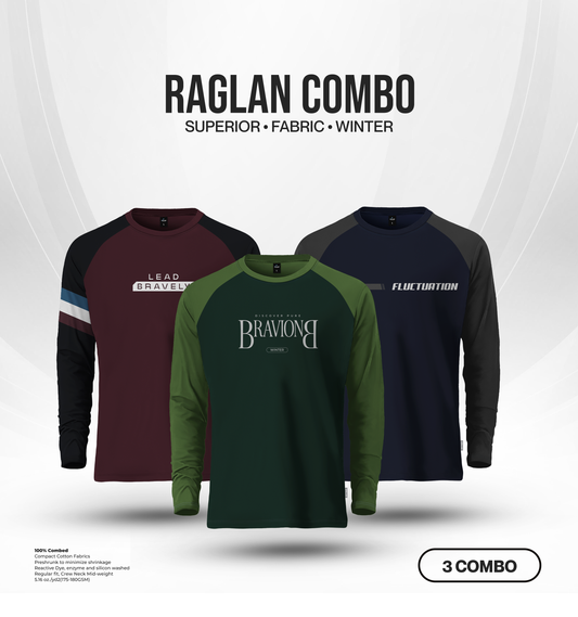 Men's Full Sleeve Raglan T-Shirt Combo (3 Pcs) - Lead Bravely, Bravion, Fluctuation