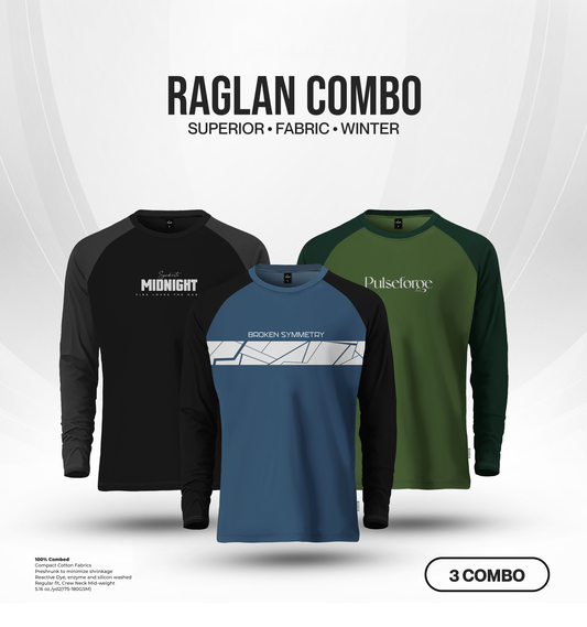 Men's Full Sleeve Raglan T-Shirt Combo (3 Pcs) - Syndicate Midnight, Broken Symmetry, Pulseforge