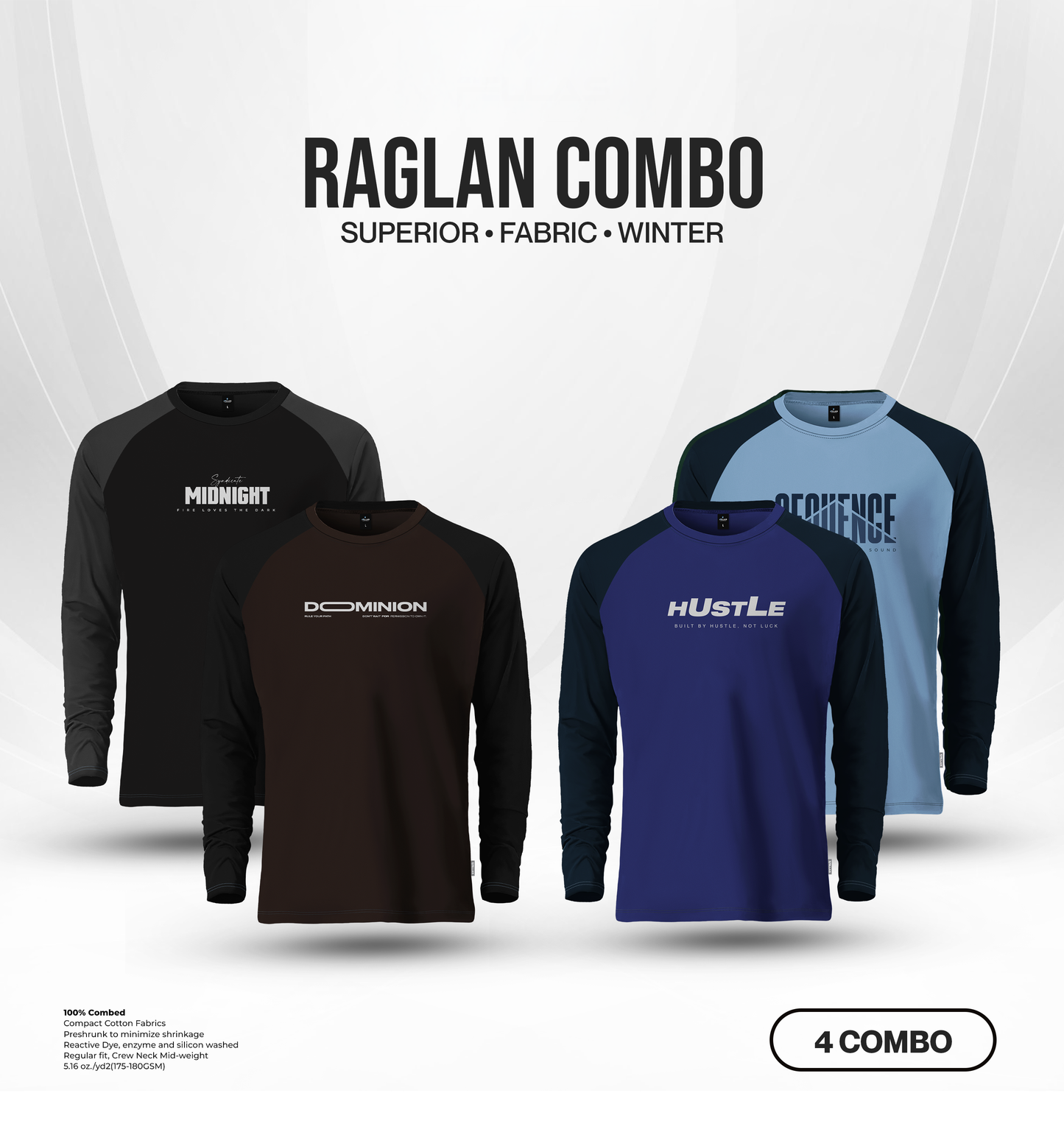 Men's Full Sleeve Raglan T-Shirt Combo (4 pcs) - Syndicate Midnight, Dominion, Hustle, Sequence