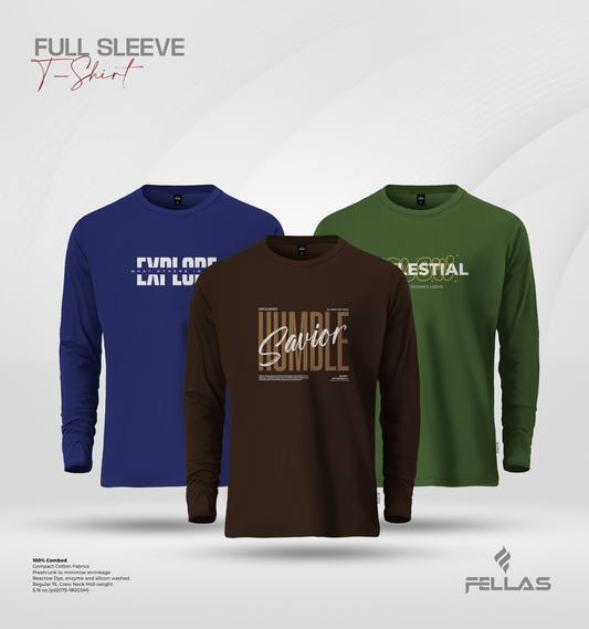 Men's Premium Full Sleeve T-Shirt Combo (3 Pcs) - Explore, Humble Savior, Celestial Glow