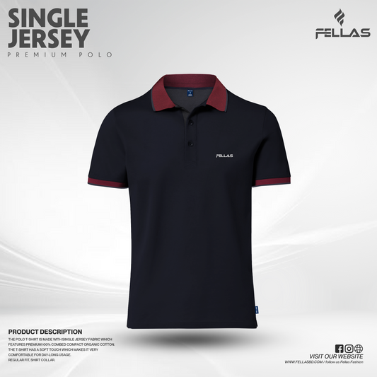 Premium Single Jersey Cotton Polo T-Shirt  - Navy Black