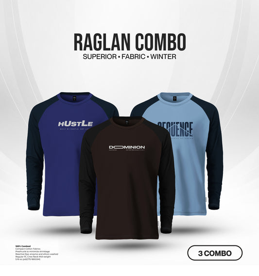 Men's Full Sleeve Raglan T-Shirt Combo (3 Pcs) - Hustle, Dominion, Sequence