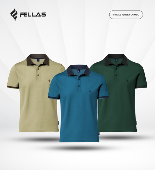 Men's Single Jersey Cotton Polo (3 combo)- Taos Taupe Yellow, Sea Port Blue, June Bug green
