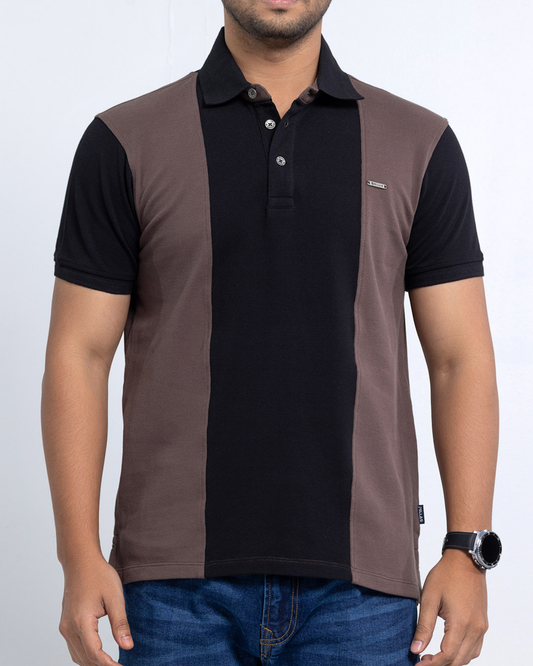 Men’s Double PK Cut & Sew Cotton Polo - Brown Stripe