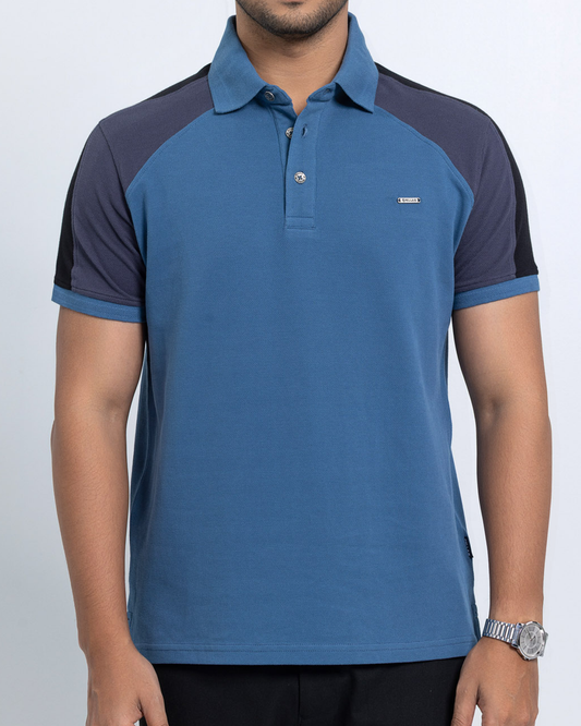 Men’s Double PK Cut & Sew Cotton Polo - Petrol Blue