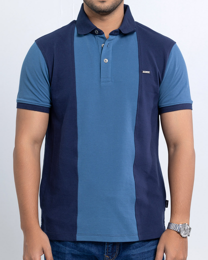 Men’s Double PK Cut & Sew Cotton Polo - Ocean Stripe