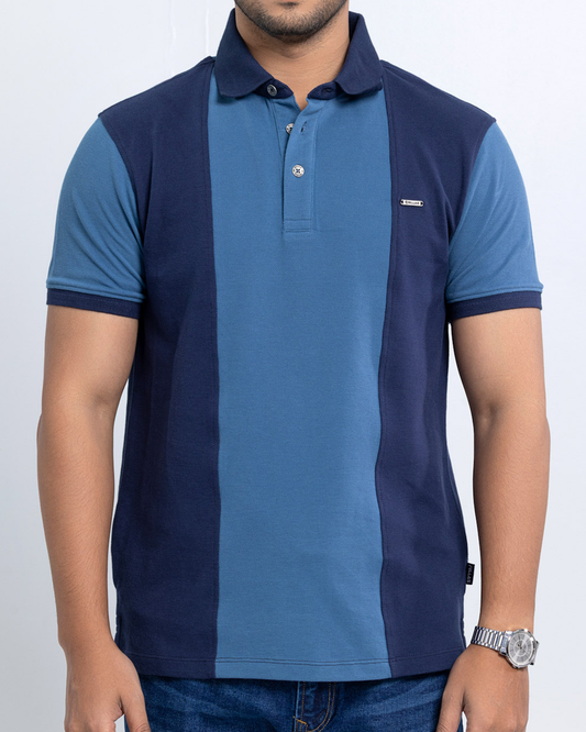 Men’s Double PK Cut & Sew Cotton Polo - Ocean Stripe