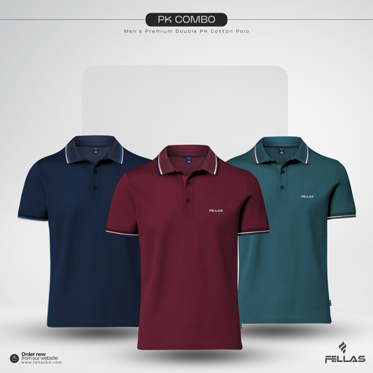 Men’s Premium Double PK Cotton Polo Combo (3 Pcs) - Navy, Maroon & Green