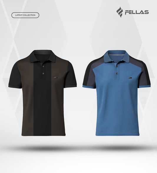 Men’s Double PK Cut & Sew Cotton Polo Combo (2 Pcs) - Brown Stripe, Petrol Blue