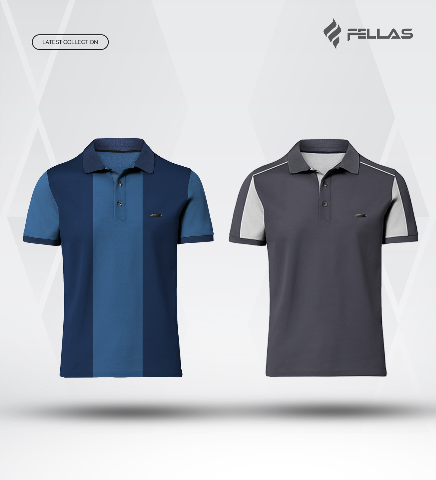 Men’s Double PK Cut & Sew Cotton Polo Combo (2 Pcs) - Ocean Stripe, Graphite Edge