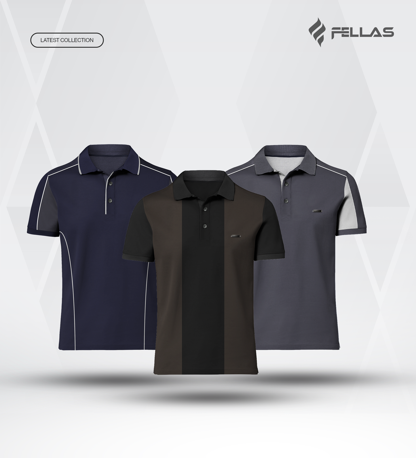Men’s Double PK Cut & Sew Cotton Polo Combo (3 Pcs) - Midnight Navy, Brown Stripe, Graphite Edge