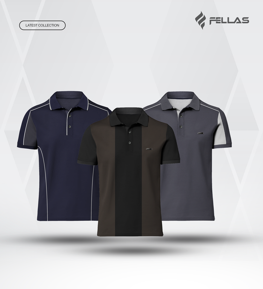 Men’s Double PK Cut & Sew Cotton Polo Combo (3 Pcs) - Midnight Navy, Brown Stripe, Graphite Edge