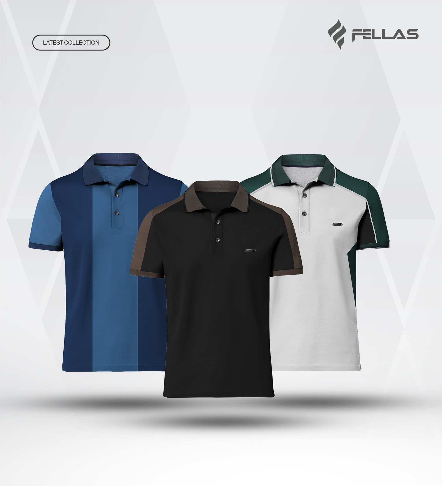 Men’s Double PK Cut & Sew Cotton Polo Combo (3 Pcs) - Ocean Stripe, Coffee Black, Glacier Green