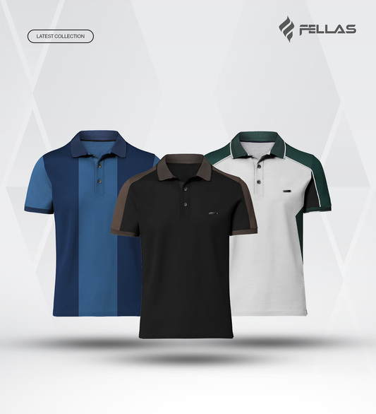 Men’s Double PK Cut & Sew Cotton Polo Combo (3 Pcs) - Ocean Stripe, Coffee Black, Glacier Green