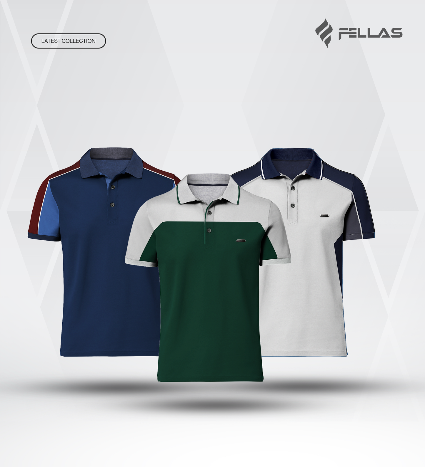 Men’s Double PK Cut & Sew Cotton Polo Combo (3 Pcs) - Victory Blue, Green Chest, Glacier Navy