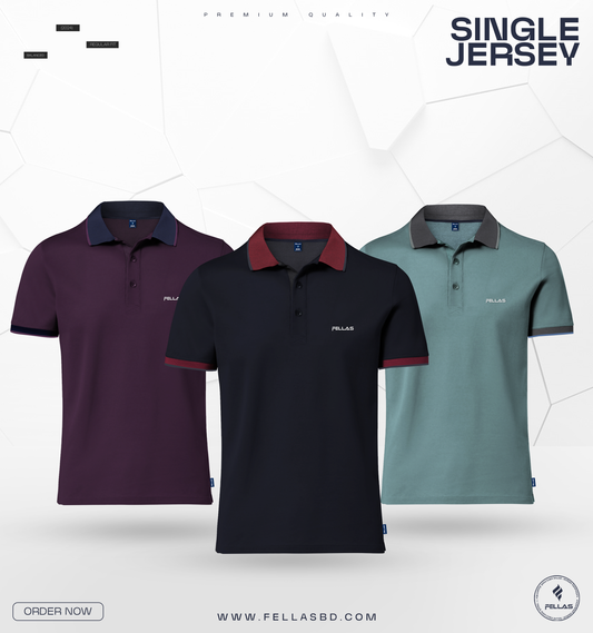 Premium Single Jersey Cotton Polo T-Shirt Combo (3 Pcs) - Purple, Navy Black & Sea Green