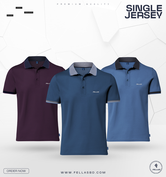 Premium Single Jersey Cotton Polo T-Shirt Combo (3 Pcs) - Purple, Turkish Blue & Patrol