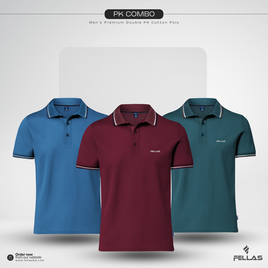 Men’s Premium Double PK Cotton Polo Combo (3 Pcs) - Sky Blue, Maroon & Green