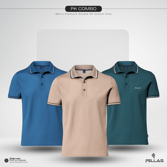 Men’s Premium Double PK Cotton Polo Combo (3 Pcs) - Sky Blue, Laurel Oak & Green